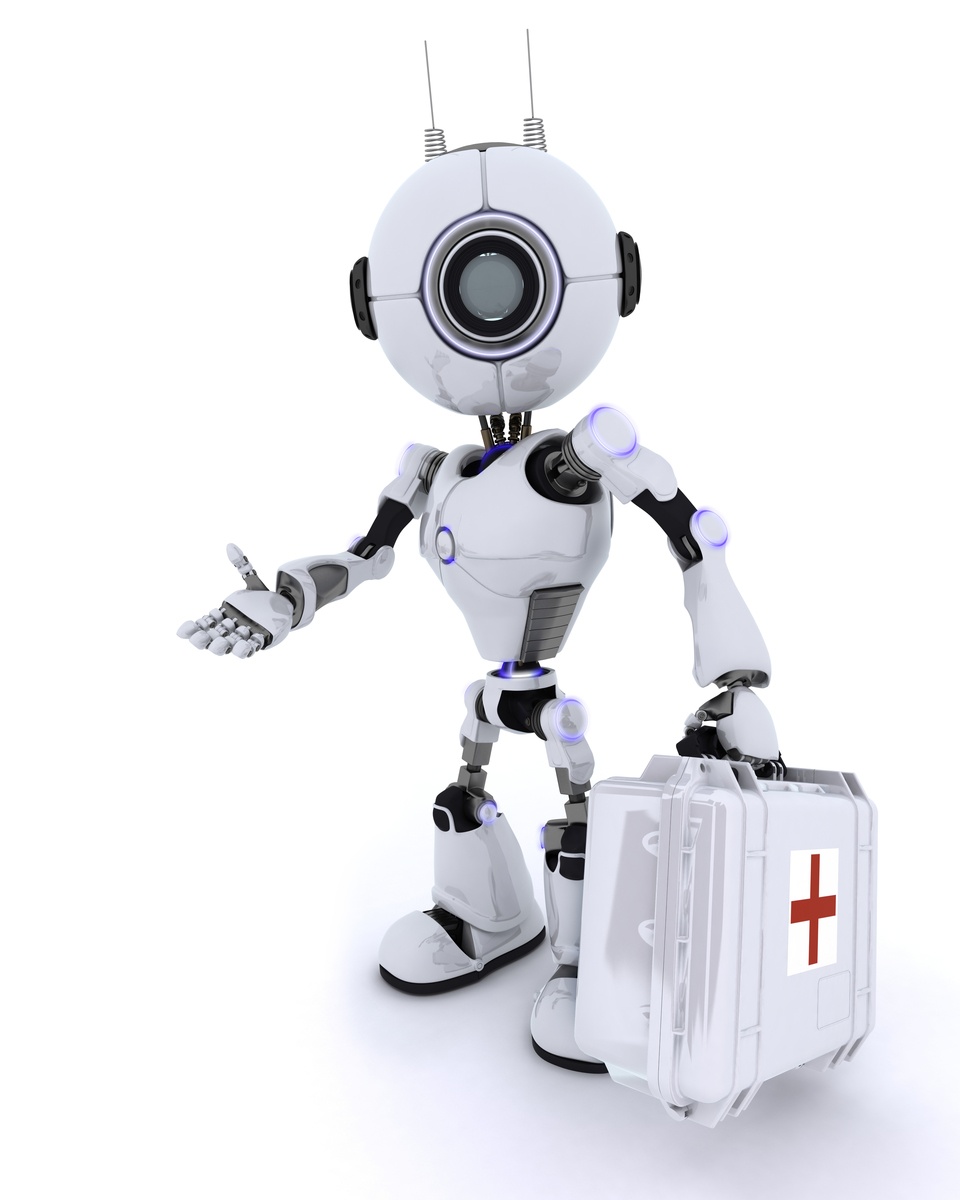 3D Render of a Robot paramedic with first aid kit