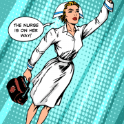 Caricatura de una enfermera volando por el aire, ¡está en camino!