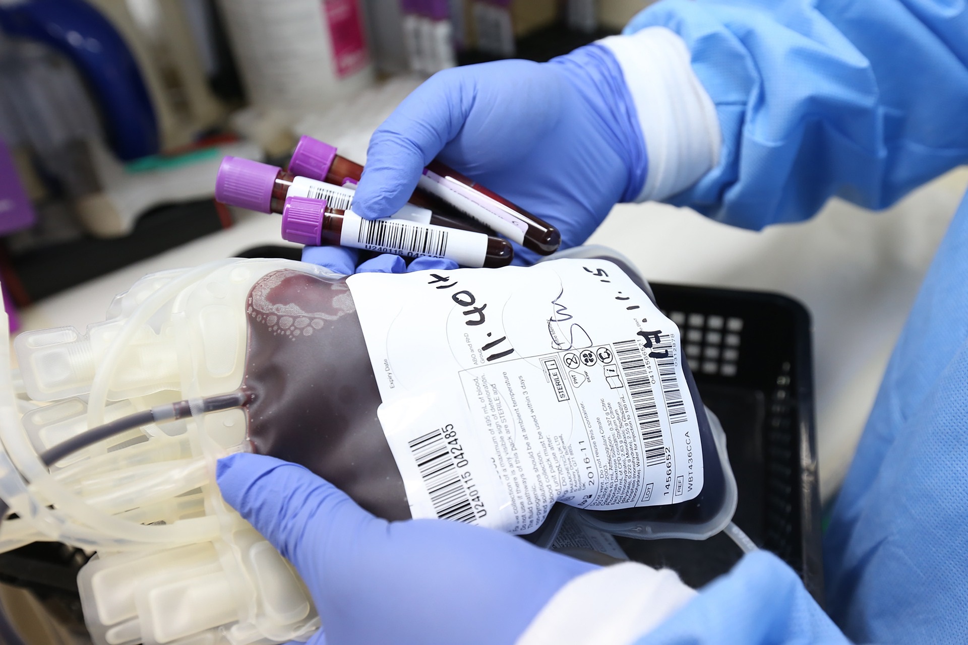 Blood bags, vials, and other medical supplies.