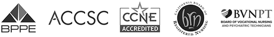 BBPE, ACCSC, CCNE, BRN, and BVNPT accreditation logos