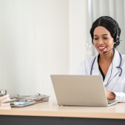 Medical professional using a headset