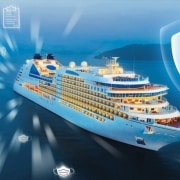 Aerial view of a cruise ship with virtual healthcare icons