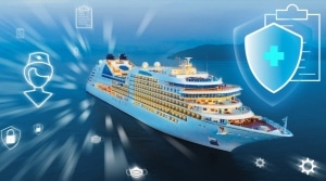 Aerial view of a cruise ship with virtual healthcare icons