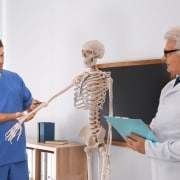 Medical professionals studying anatomy in a classroom