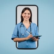 Nurse in scrubs holding a tablet while standing in the frame of a smart phone